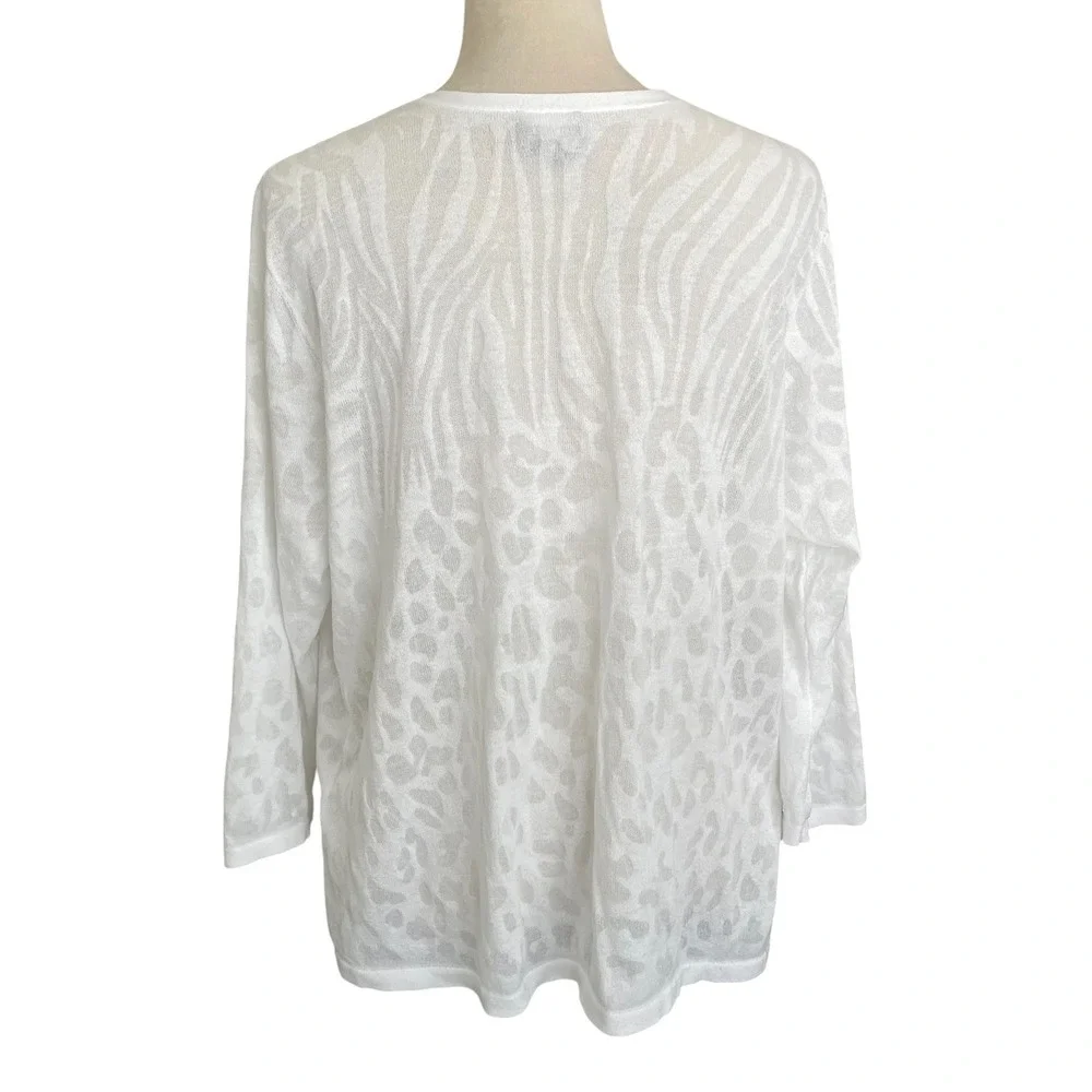 Chicos White Animal Prnt Semi Sheer Open Front Cardigan XL 3 Resort Coastal Chic